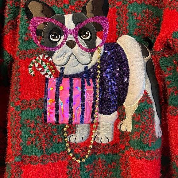 Holiday Time Christmas Sweater Fashion Bulldog Sequins Beads SZ L 12-14 - Picture 7 of 9